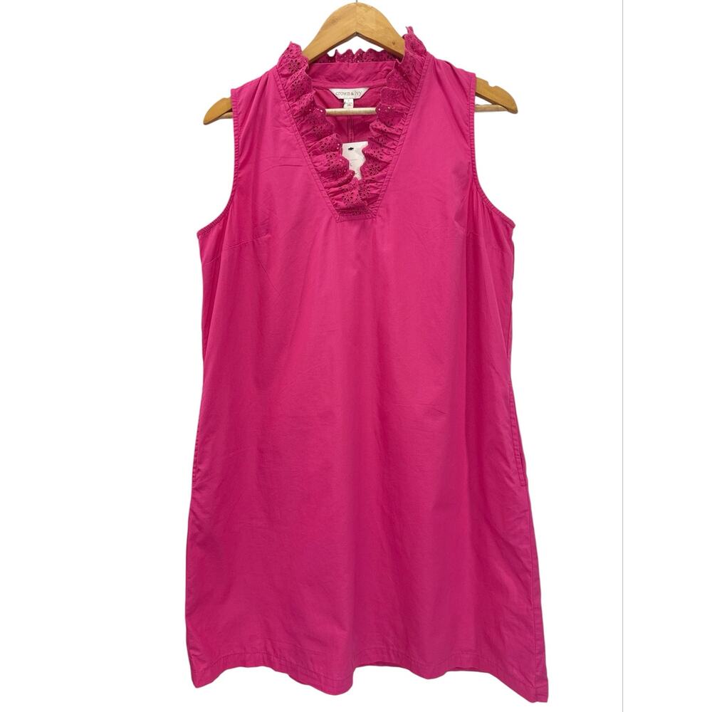 NWT Crown & Ivy Pink Sleeveless Cotton Ruffle V-Neck Shift Dress Pocket Size L
